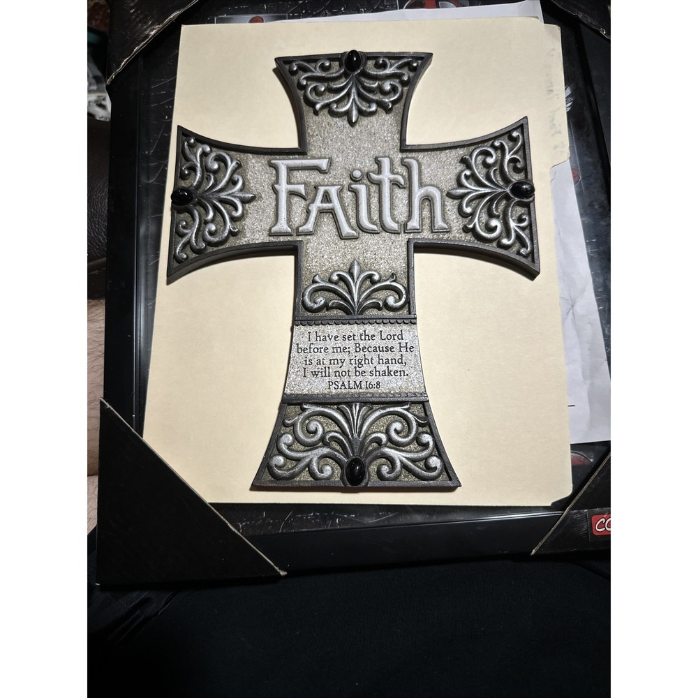 Christian Faith Metal Wall Cross Plaque with Psalm 16:8 Scripture Wall Decor
